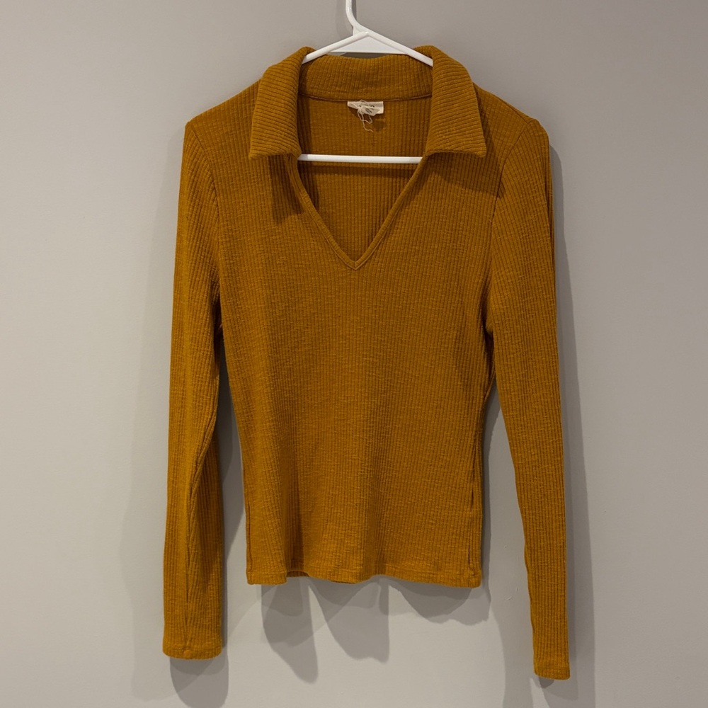 a.n.a Mustard Long Sleeve V-Neck Top